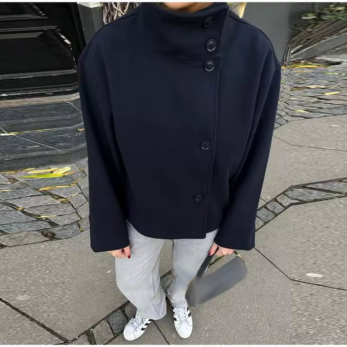 Oversized High-Neck Coat - Asymmetric Button Closure