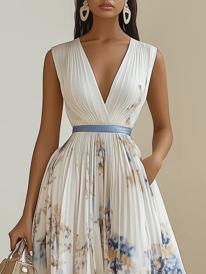 Amara - Brushstroke Pleated Midi Dress