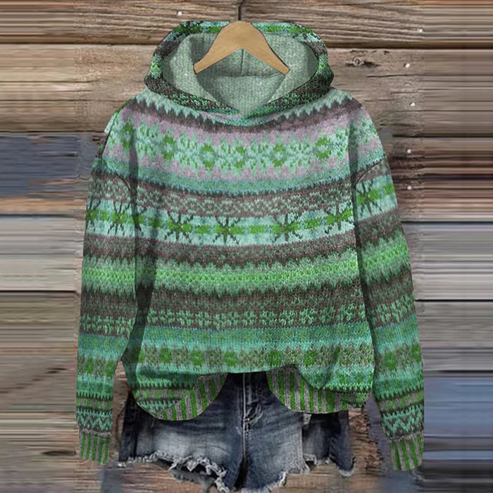 Women’s Vintage Boho Knit Hoodie - Cozy Patterned Sweater