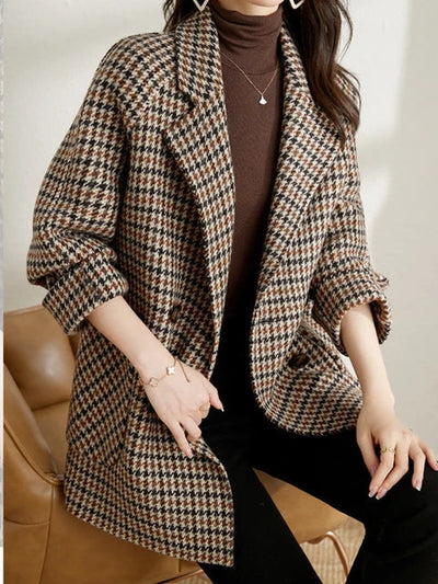 Vintage Houndstooth Wool Blend Blazer - Oversized Double-Breasted