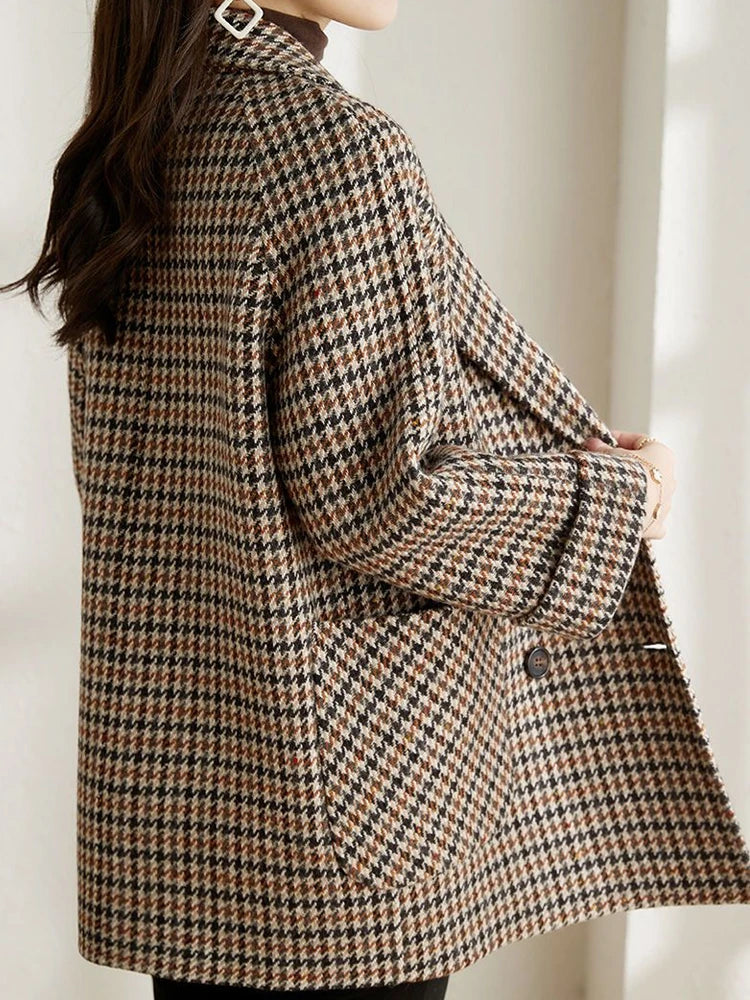 Vintage Houndstooth Wool Blend Blazer - Oversized Double-Breasted