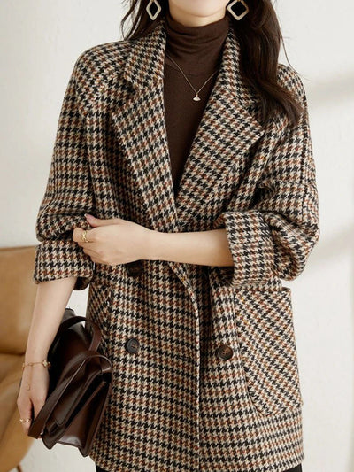 Vintage Houndstooth Wool Blend Blazer - Oversized Double-Breasted