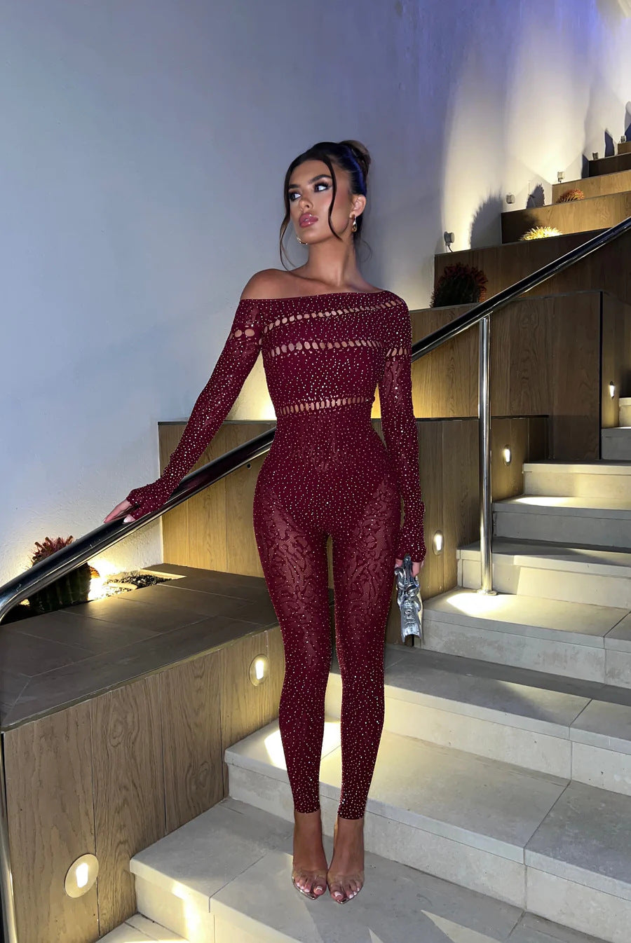 Women’s Off-Shoulder Rhinestone Jumpsuit - Long Sleeve Clubwear