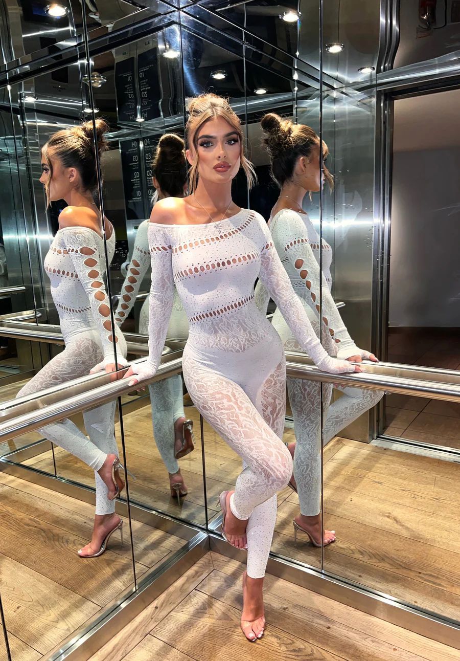 Women’s Off-Shoulder Rhinestone Jumpsuit - Long Sleeve Clubwear