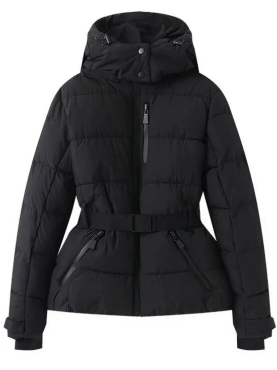Women’s Belted Puffer Jacket - Waterproof Insulated Hooded Outerwear