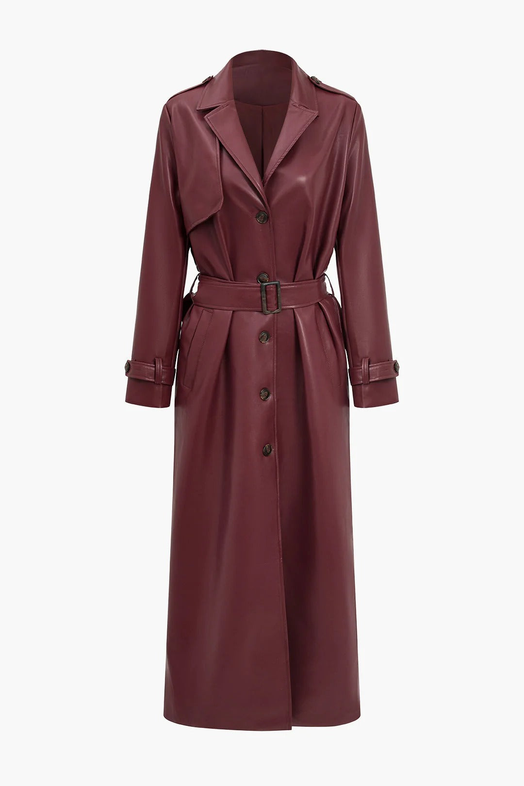 Women’s Belted Faux Leather Trench Coat - Longline Classic Fit