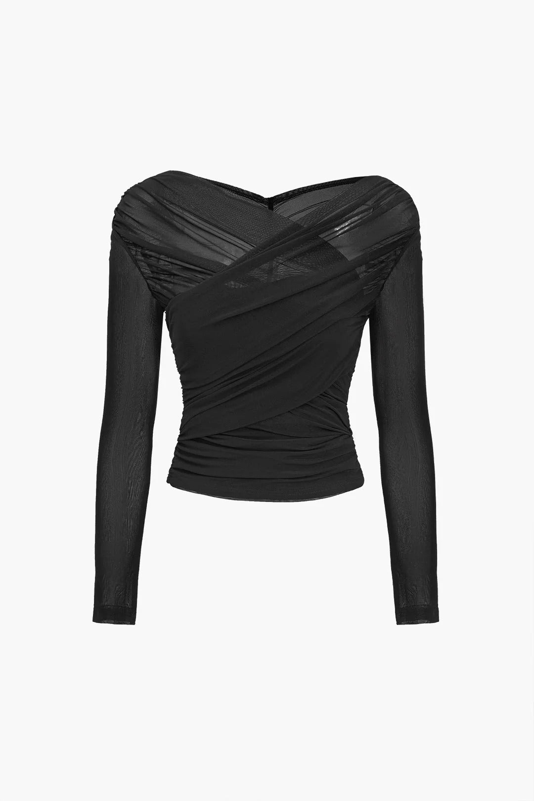 Women’s Ruched Mesh Long Sleeve Top - Cross-Front Fitted Blouse