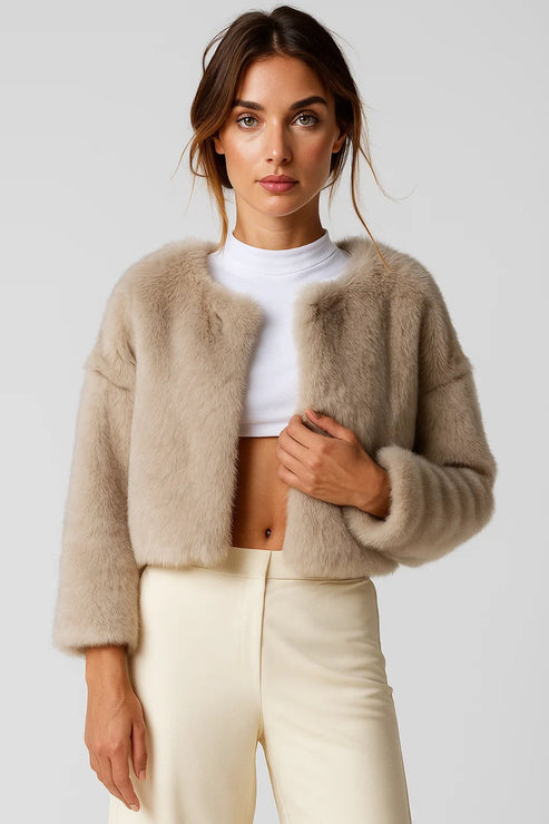 Women’s Cropped Faux Fur Jacket - Modern Open Front Coat