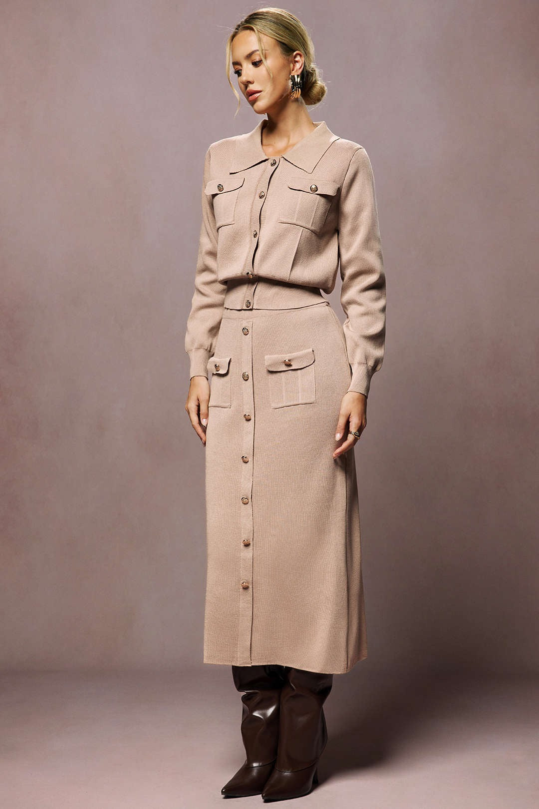 Women’s Esme Button-Down Knit Midi Set - Collared Top Skirt Co-ord