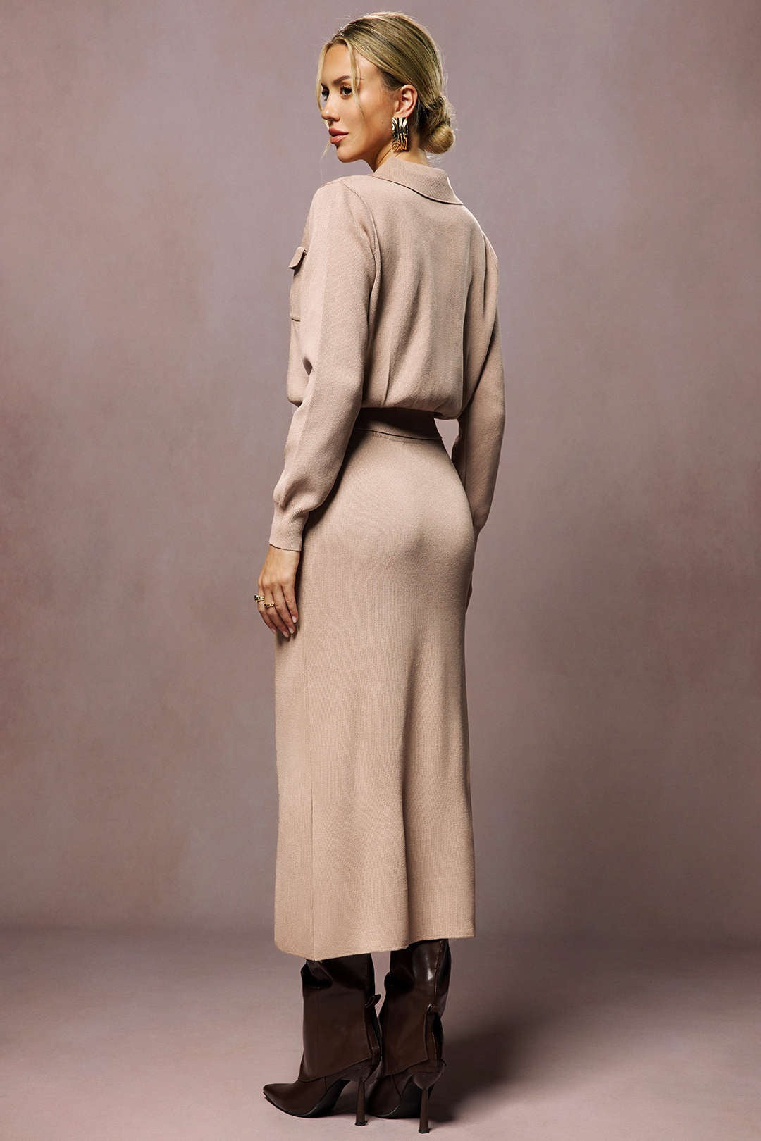 Women’s Esme Button-Down Knit Midi Set - Collared Top Skirt Co-ord