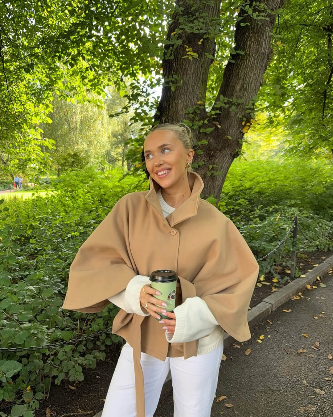 Women’s High-Neck Belted Cape Jacket - Button-Up Wrap Coat