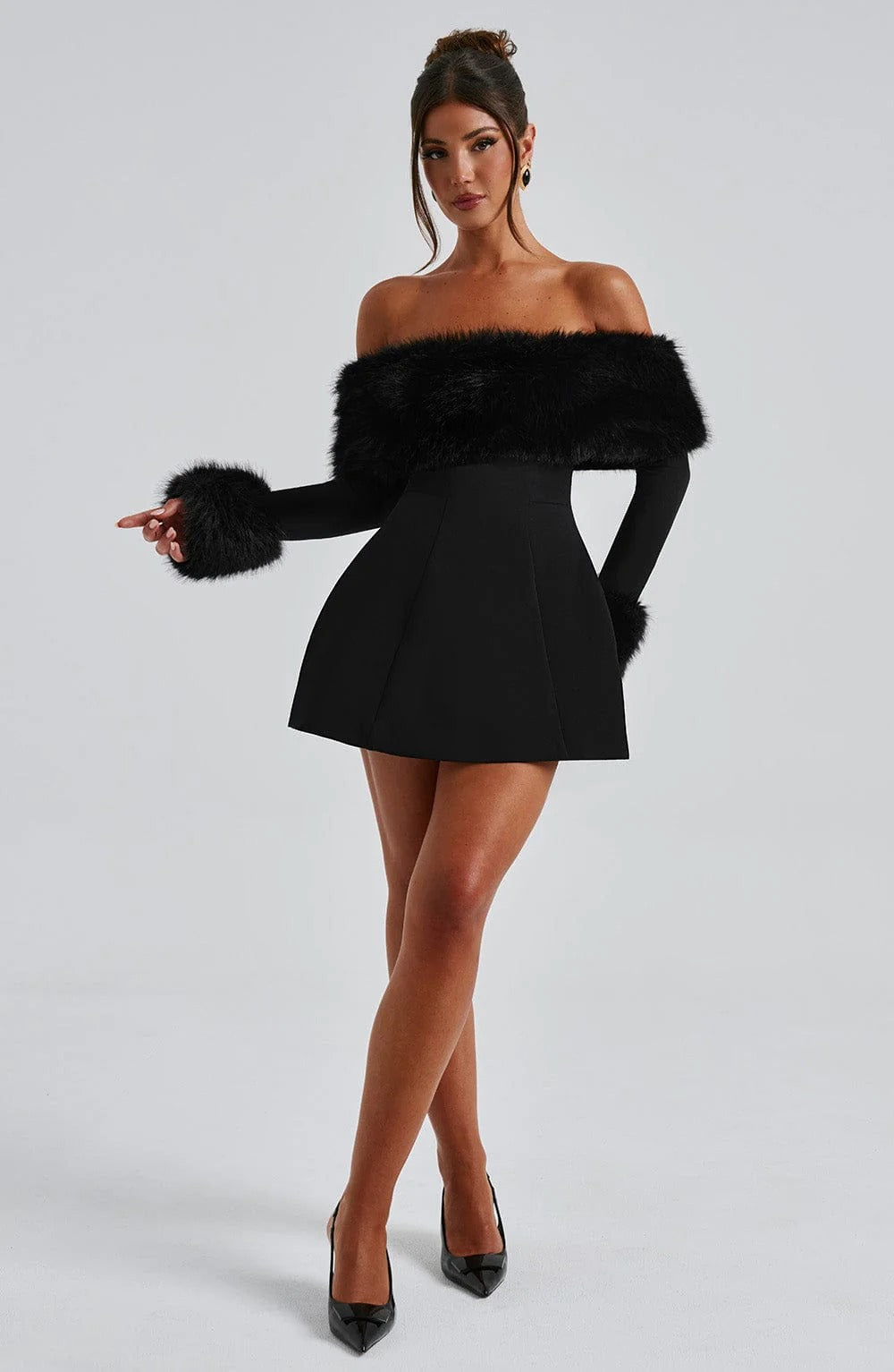 Women’s Mini Dress with Faux Fur Trim - Elegant Off-Shoulder