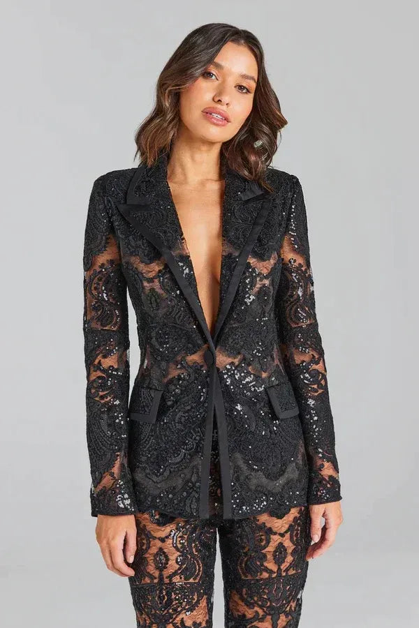 Women’s Lace Sequin Blazer and Pants Set - Elegant Evening Two-Piece Outfit