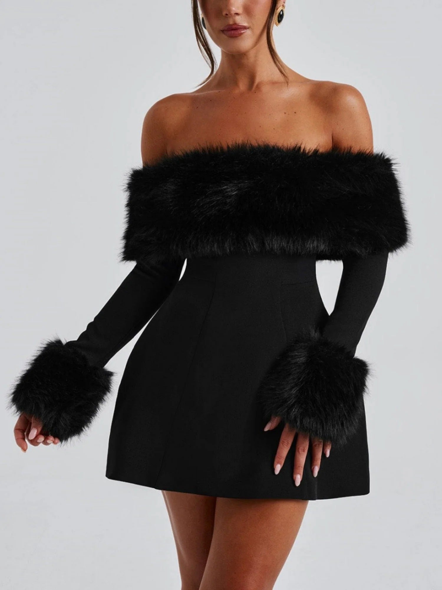 Women’s Mini Dress with Faux Fur Trim - Elegant Off-Shoulder