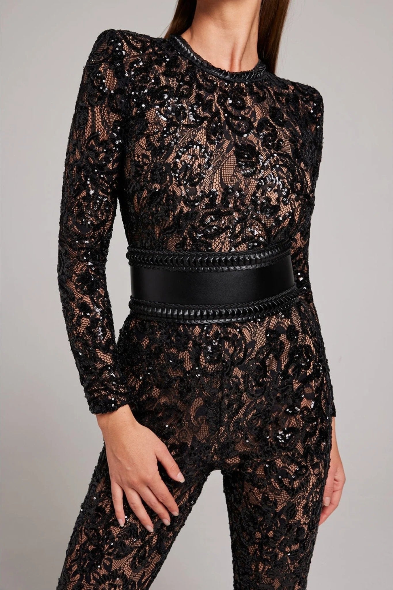 Women’s Lace Flare Jumpsuit - Long Sleeve Sheer Evening Wear