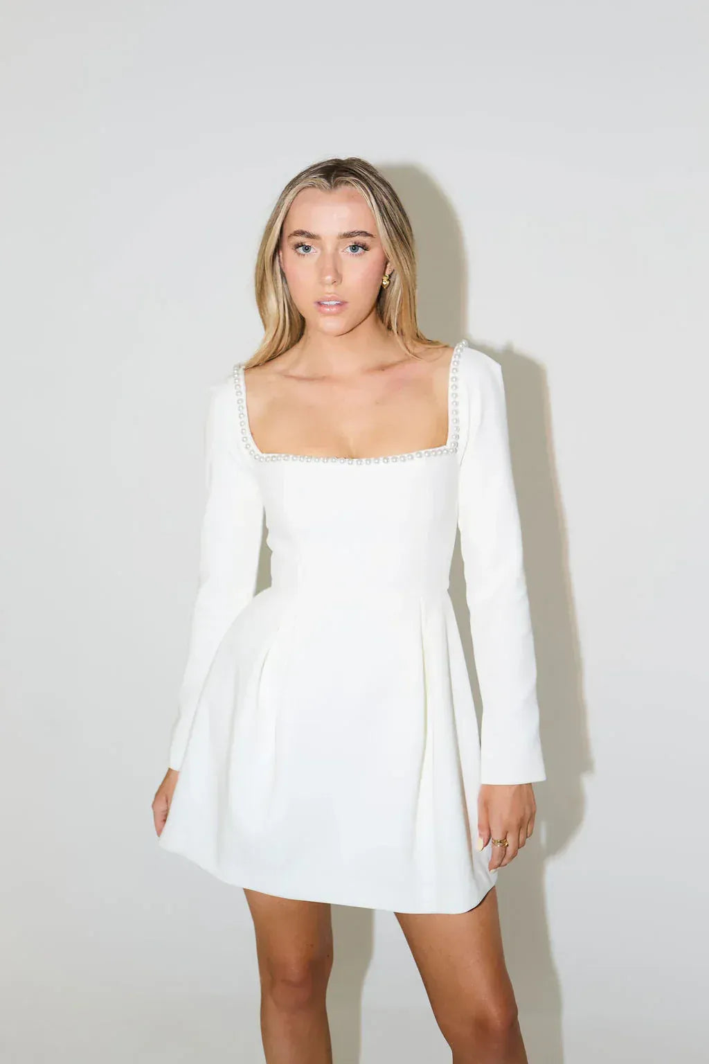 Women’s Mini Dress with Pearl Trim - Long Sleeve Cocktail Outfit