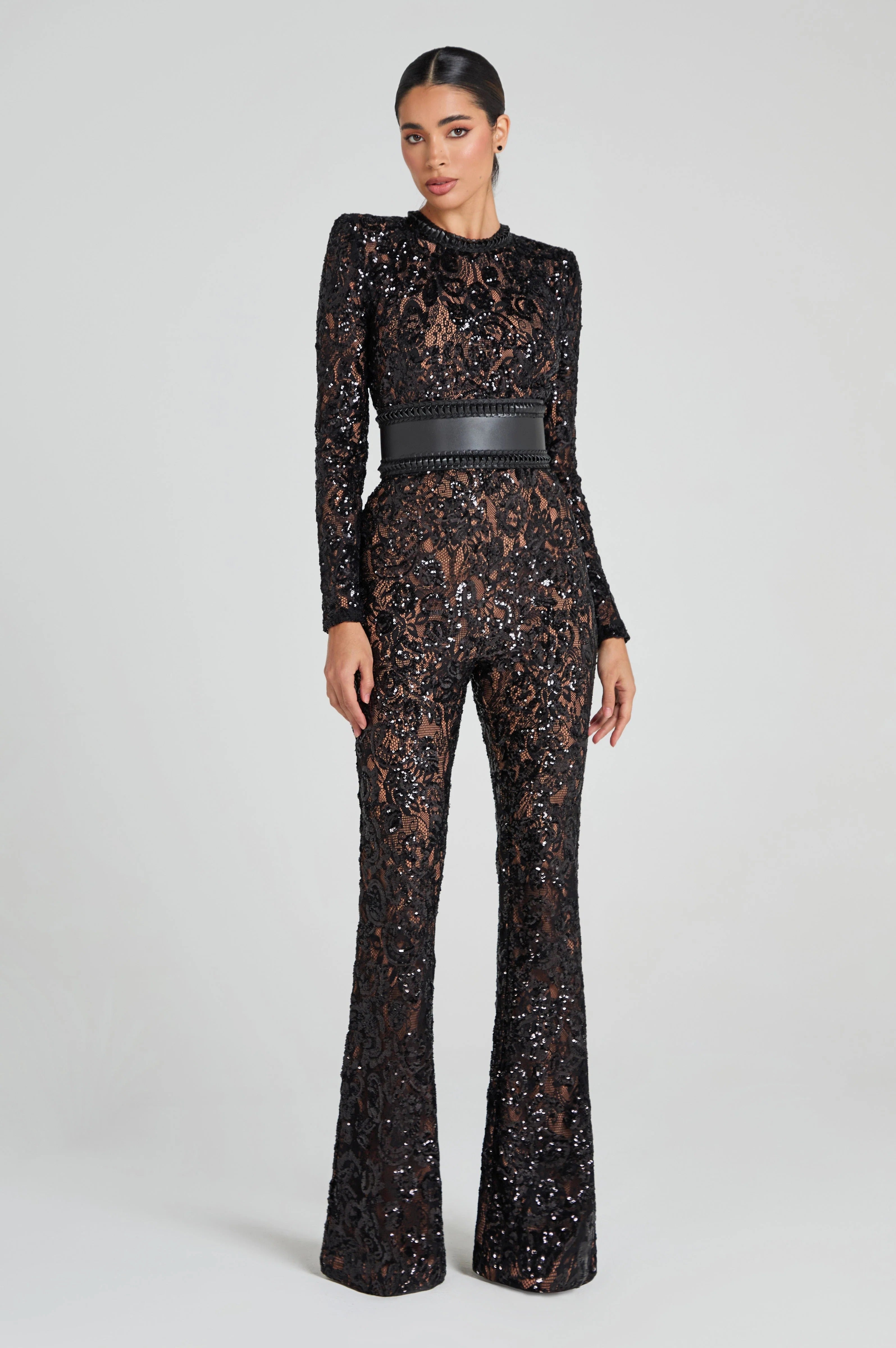 Women’s Sequin Lace Jumpsuit - Long Sleeve Evening Outfit