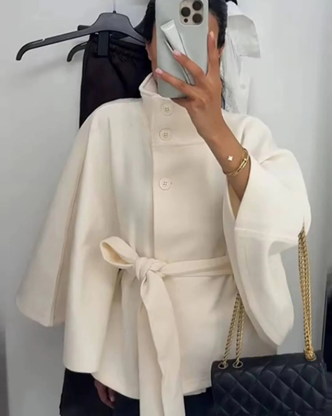 Women’s High-Neck Belted Cape Jacket - Button-Up Wrap Coat