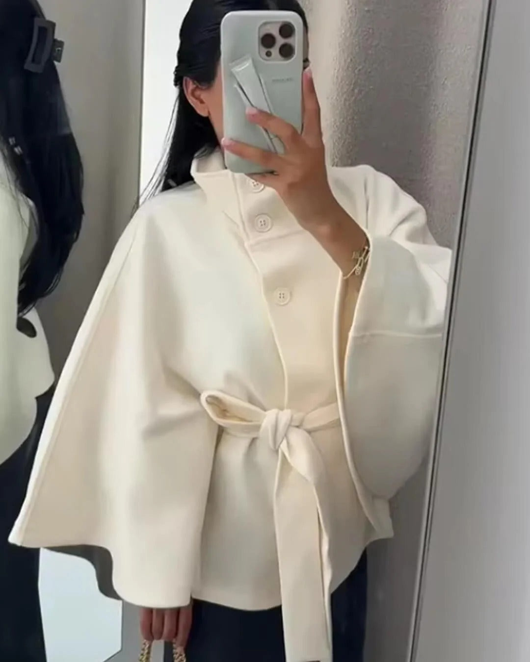 Women’s High-Neck Belted Cape Jacket - Button-Up Wrap Coat