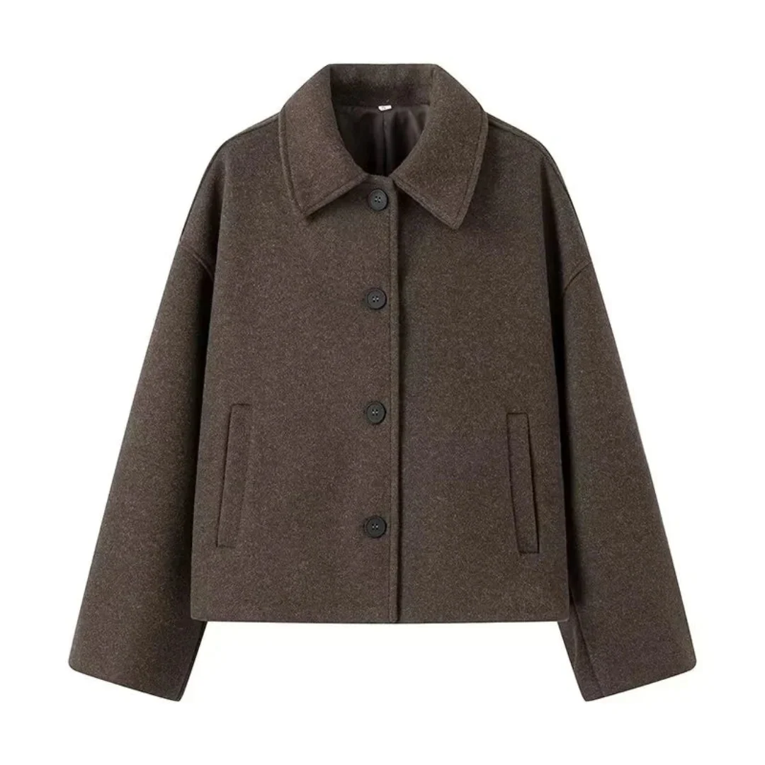 Women’s Cropped Wool Blend Jacket - Minimalist Button-Down Outerwear