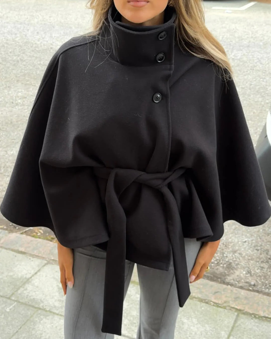 Women’s High-Neck Belted Cape Jacket - Button-Up Wrap Coat