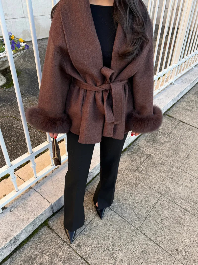 Women’s Belted Wool Coat with Faux Fur Cuffs - Elegant Short Wrap Jacket