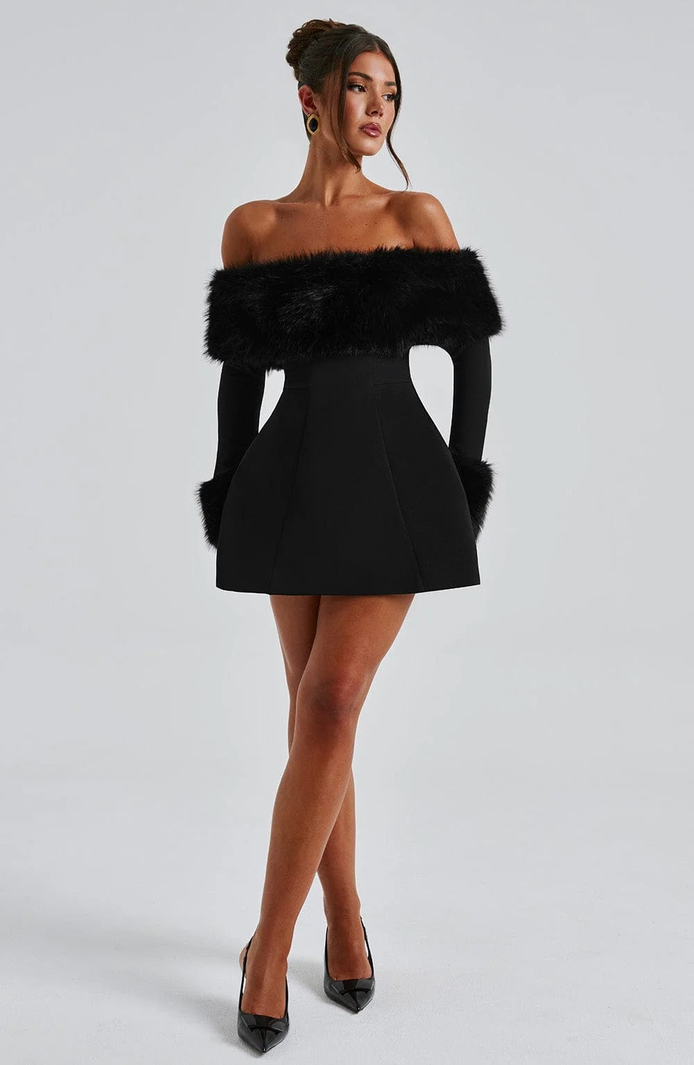 Women’s Mini Dress with Faux Fur Trim - Elegant Off-Shoulder