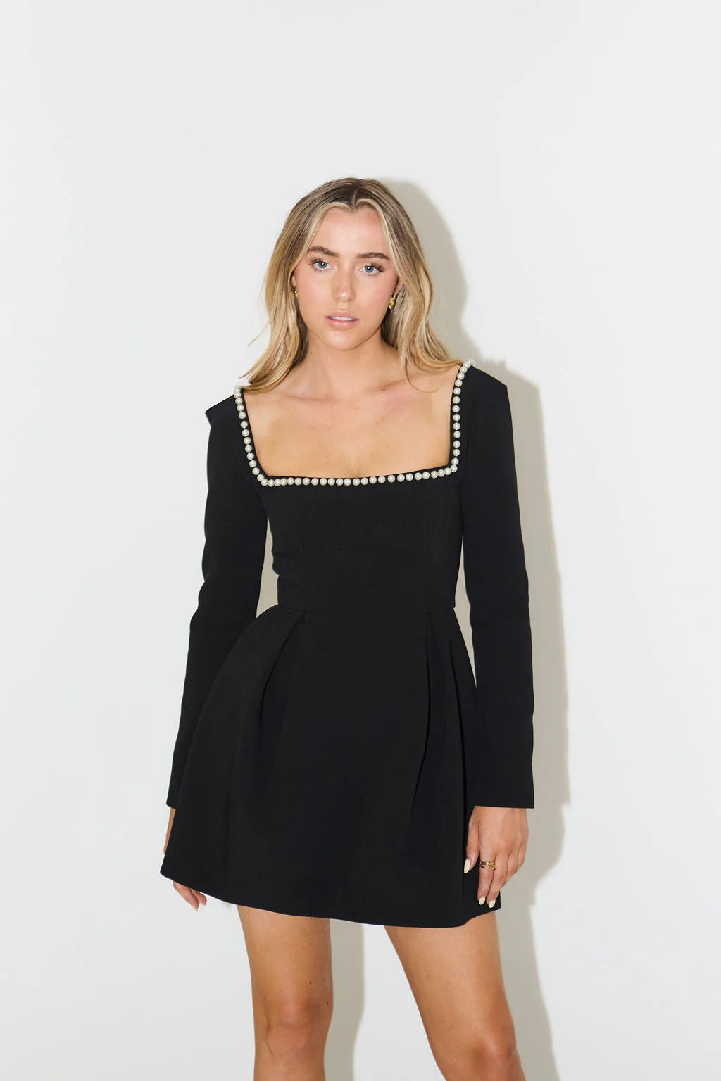 Women’s Mini Dress with Pearl Trim - Long Sleeve Cocktail Outfit