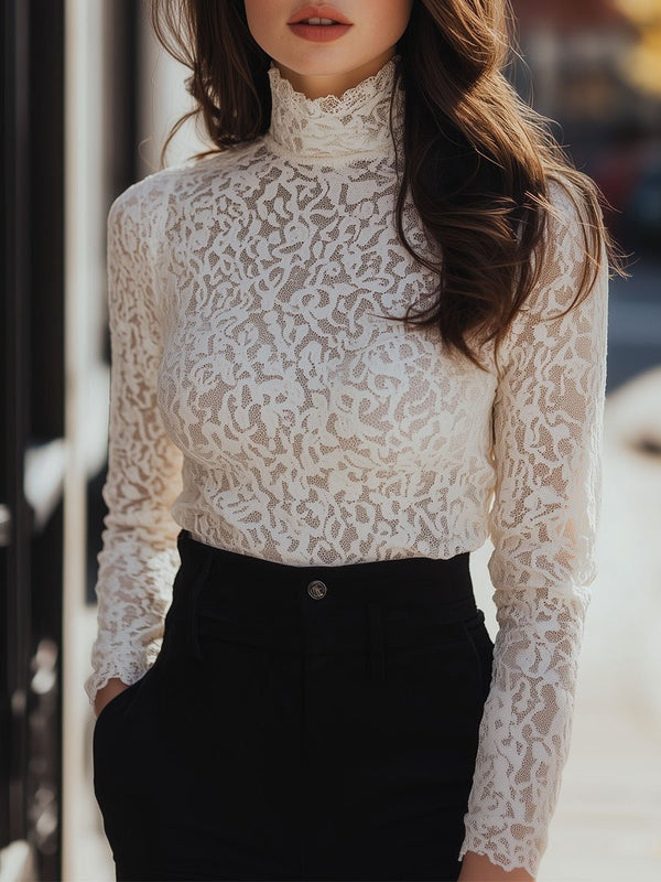 Women’s High-Neck Floral Lace Blouse – Elegant Long-Sleeve Top