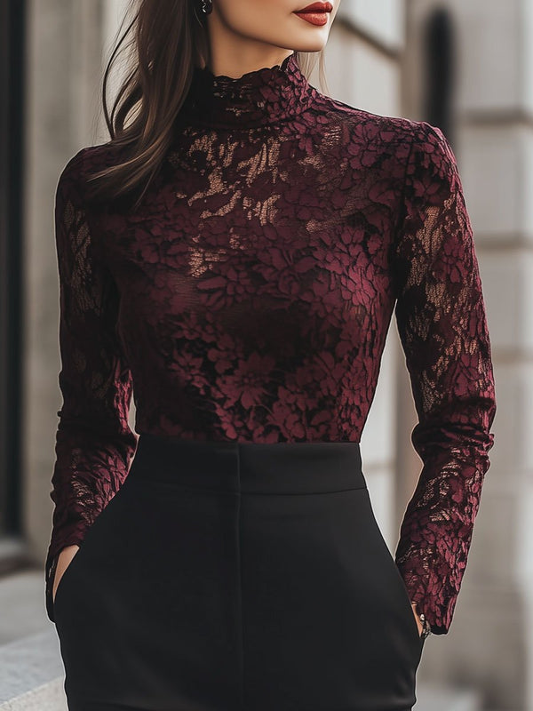 Women’s High-Neck Floral Lace Blouse – Elegant Long-Sleeve Top