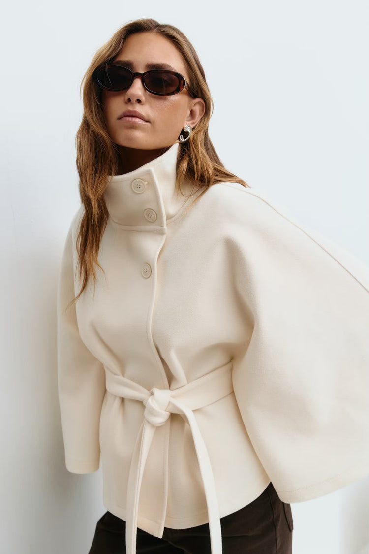 Women’s High-Neck Belted Coat - Elegant Minimalist Outerwear