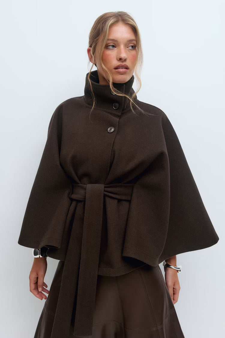 Women’s High-Neck Belted Coat - Elegant Minimalist Outerwear