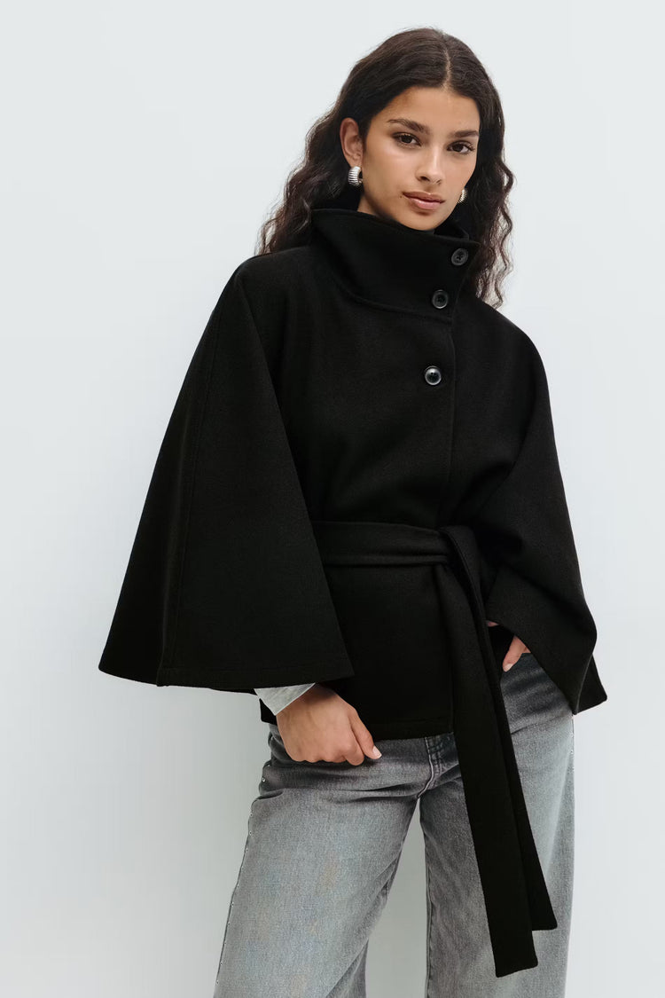 Women’s High-Neck Belted Coat - Elegant Minimalist Outerwear
