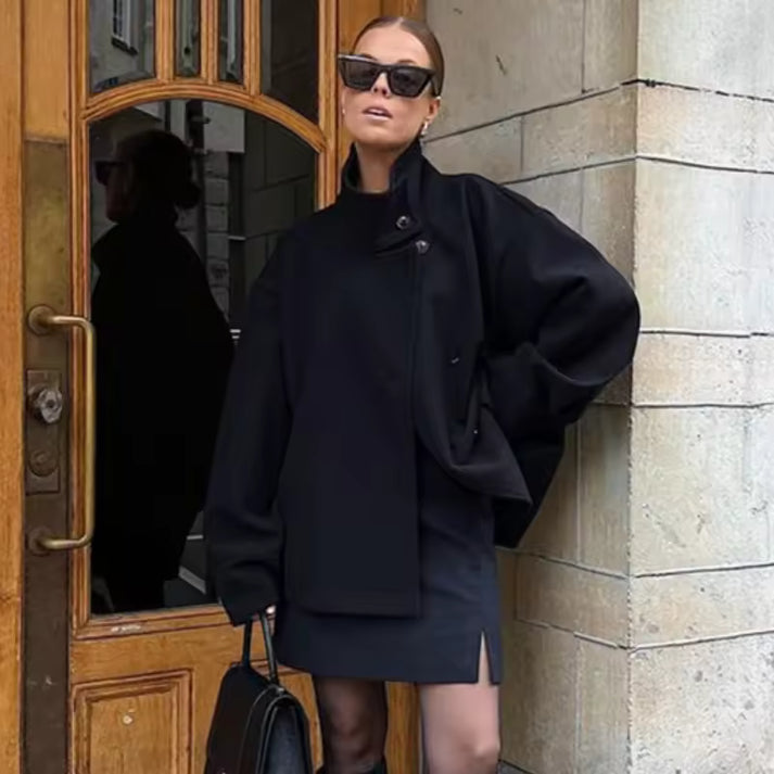 Oversized High-Neck Coat - Asymmetric Button Closure