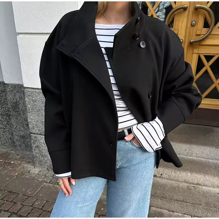 Oversized High-Neck Coat - Asymmetric Button Closure