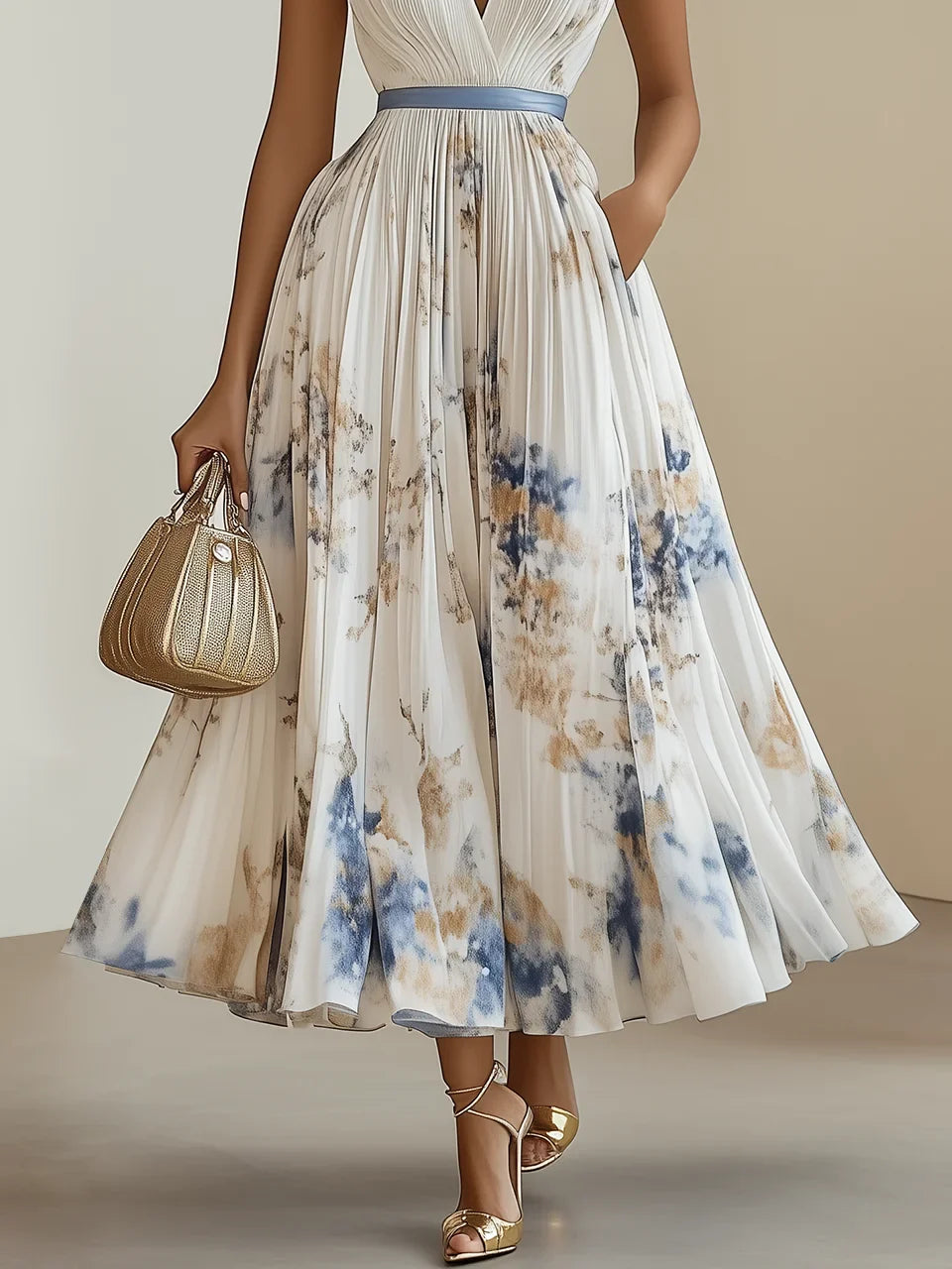 Amara - Brushstroke Pleated Midi Dress