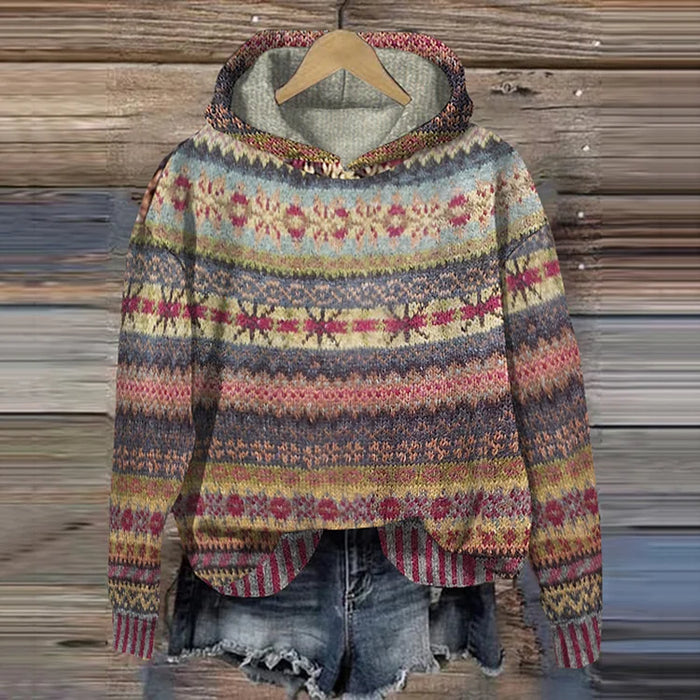 Women’s Vintage Boho Knit Hoodie - Cozy Patterned Sweater
