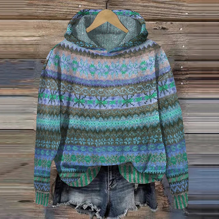 Women’s Vintage Boho Knit Hoodie - Cozy Patterned Sweater