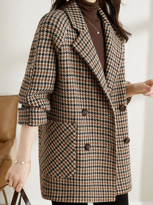 Vintage Houndstooth Wool Blend Blazer - Oversized Double-Breasted