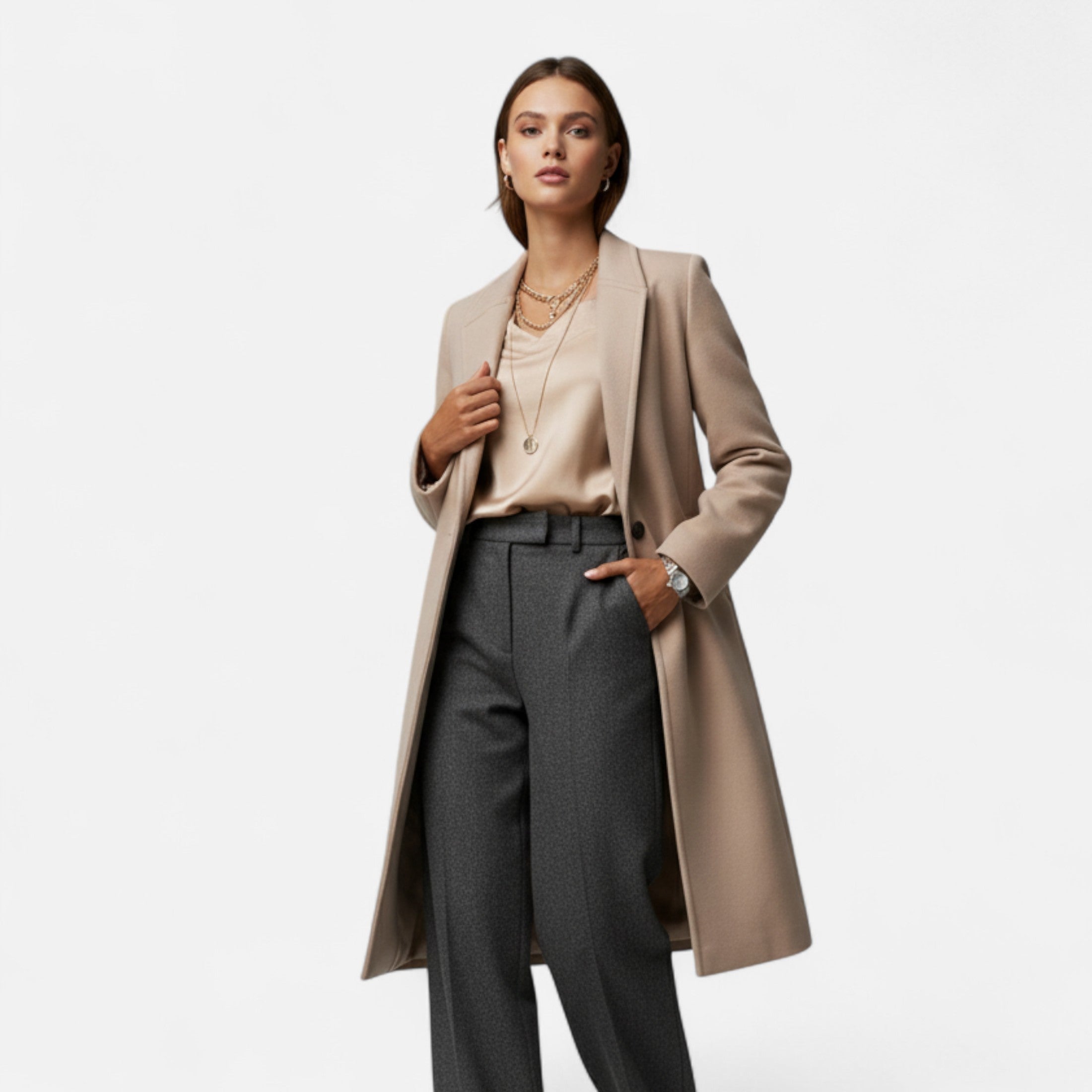 Women’s Tailored Long Coat - Classic Single-Breasted Overcoat