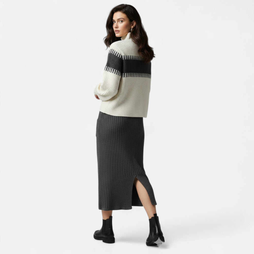 Women’s Two-Piece Knit Set - Long Sleeve Sweater Ribbed Skirt Ensemble