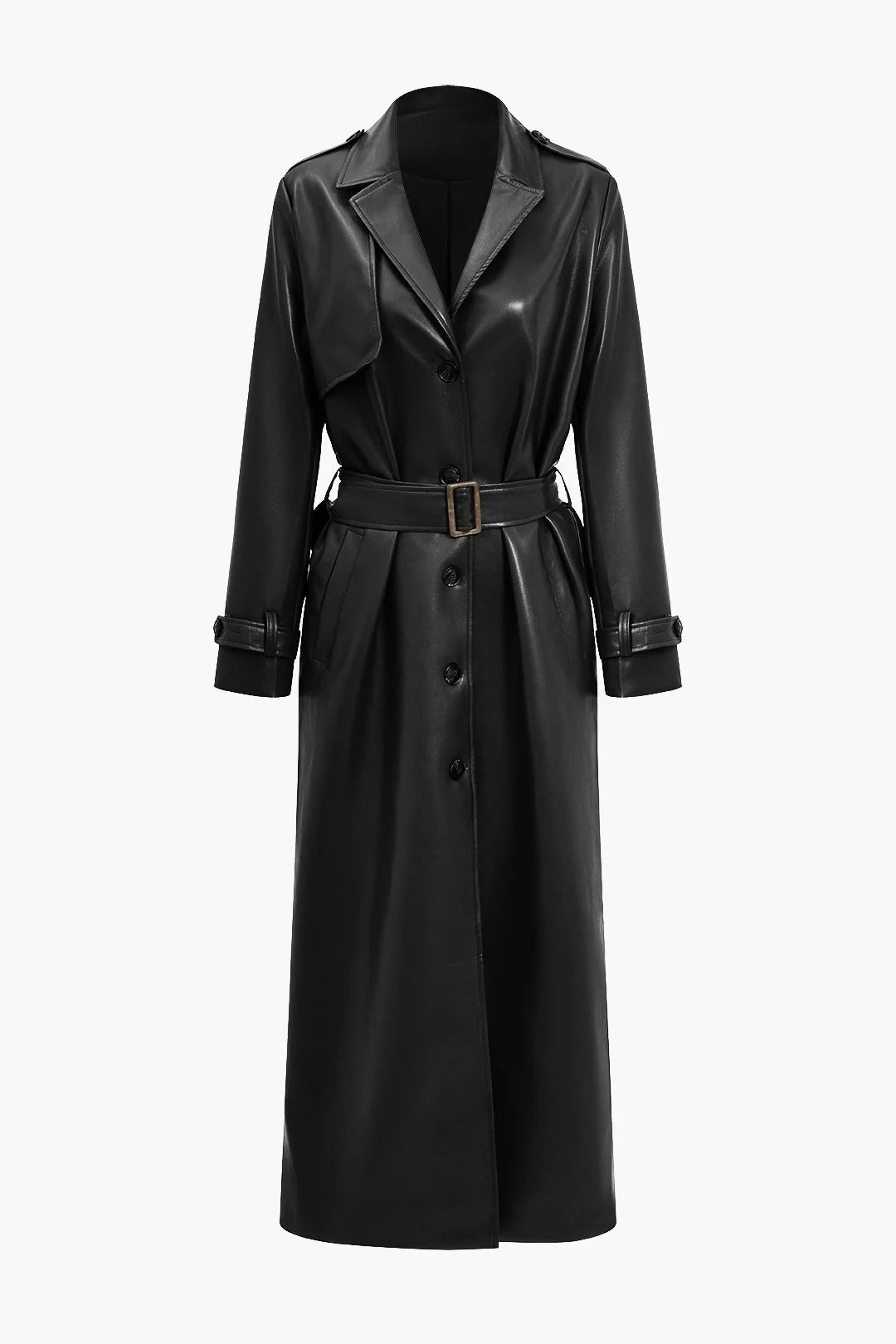 Women’s Belted Faux Leather Trench Coat - Longline Classic Fit