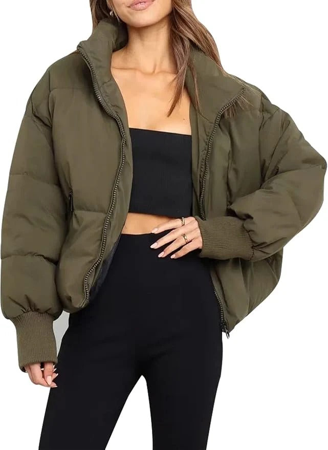 Women’s Short Puffer Jacket - Oversized Zip-Up Jacket