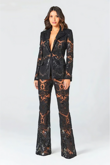 Women’s Lace Sequin Blazer and Pants Set - Elegant Evening Two-Piece Outfit