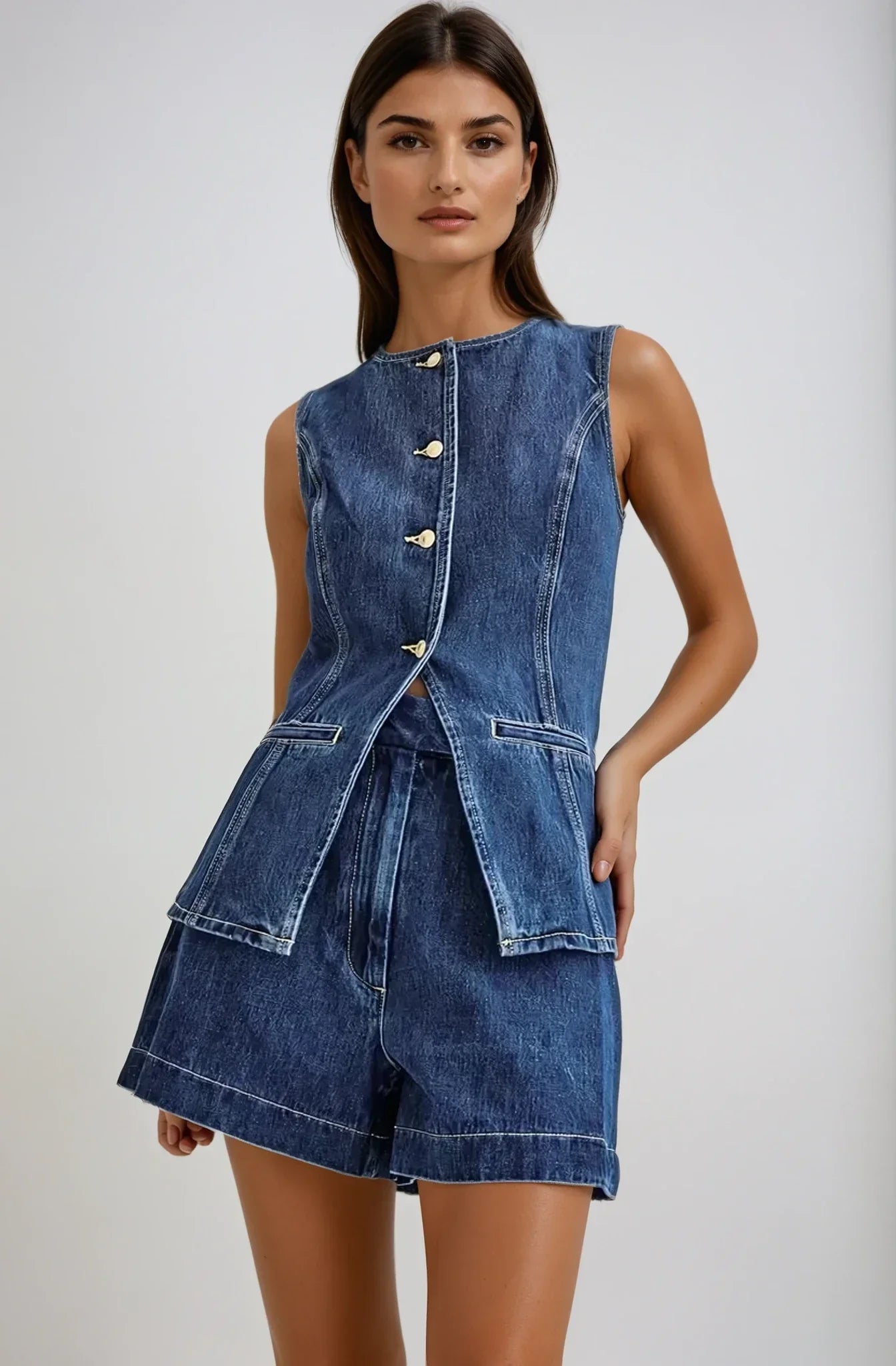 Jane - Denim Gilet & Shorts Set