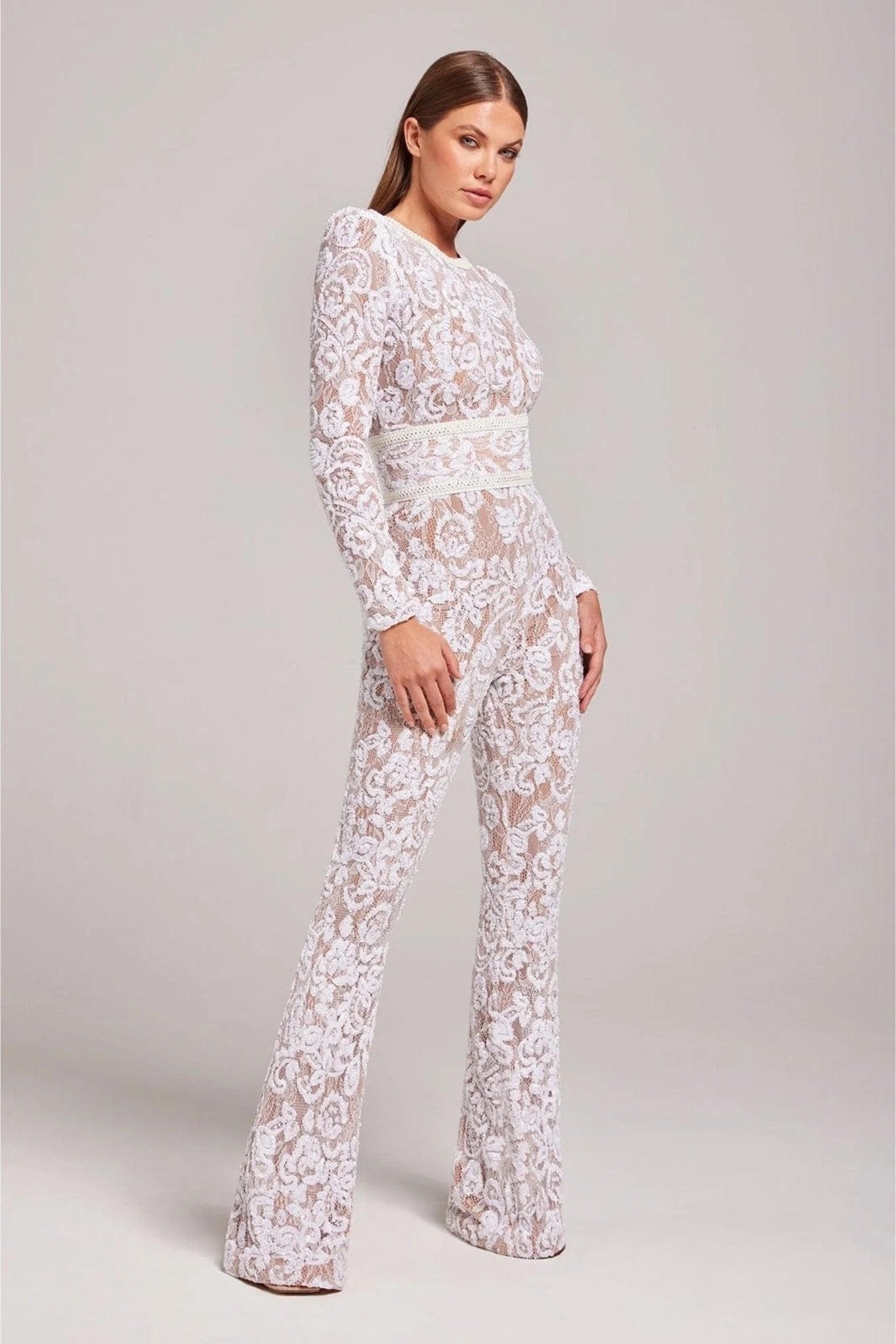 Women’s Lace Flare Jumpsuit - Long Sleeve Sheer Evening Wear