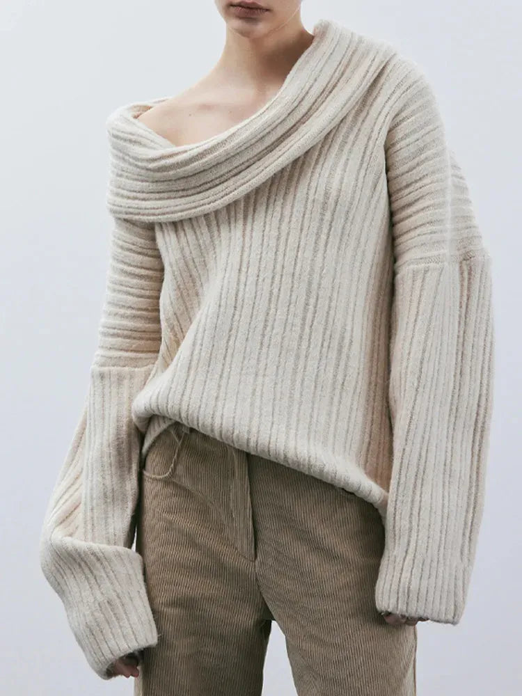 Women’s Off-Shoulder Ribbed Sweater - Chic Oversized Knit