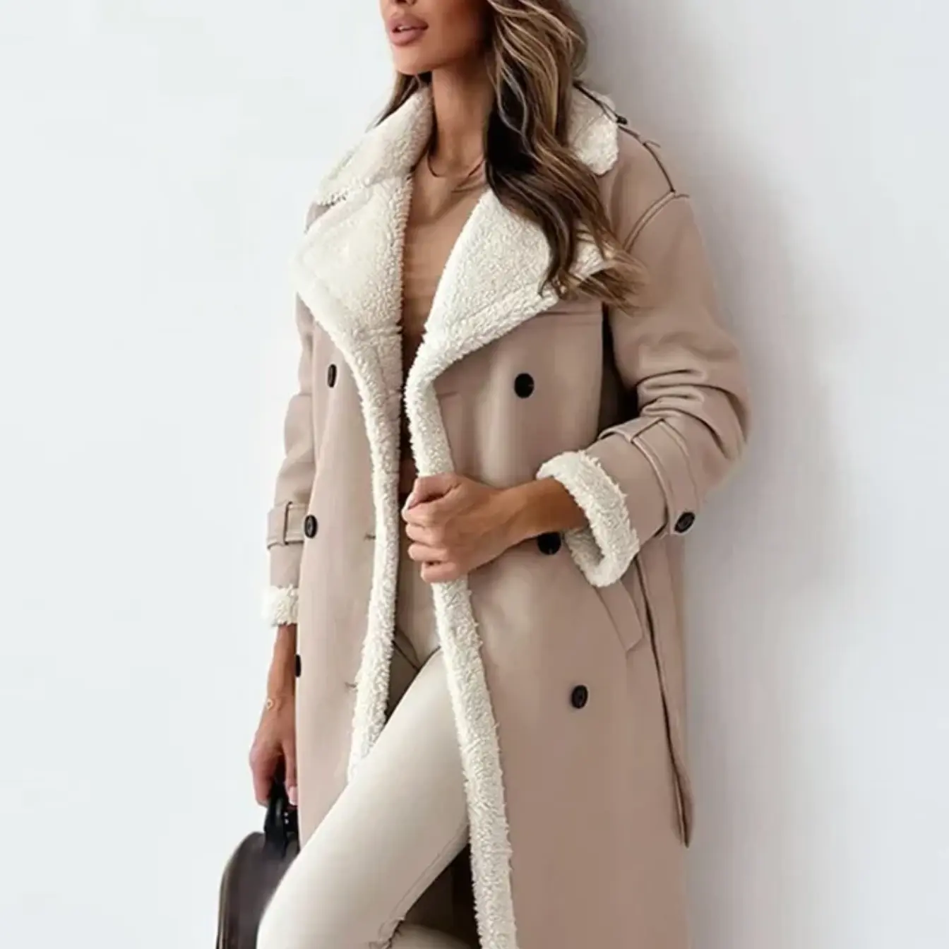 Women’s Long Shearling-Lined Trench Coat - Chic Double-Breasted Winter Overcoat