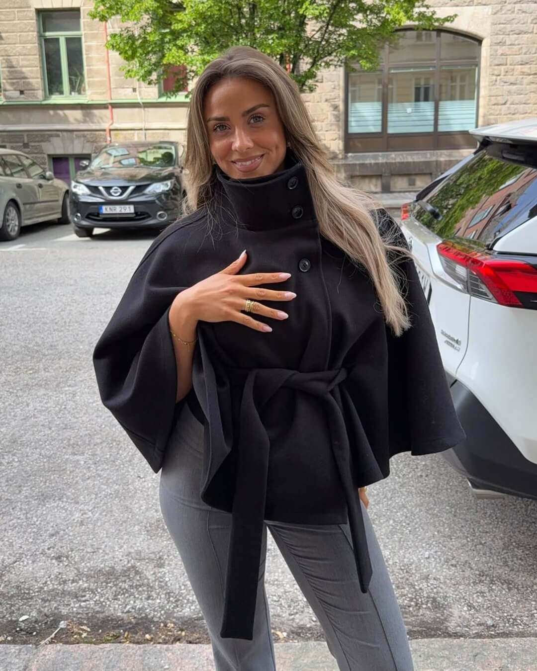 Women’s High-Neck Belted Cape Jacket - Button-Up Wrap Coat