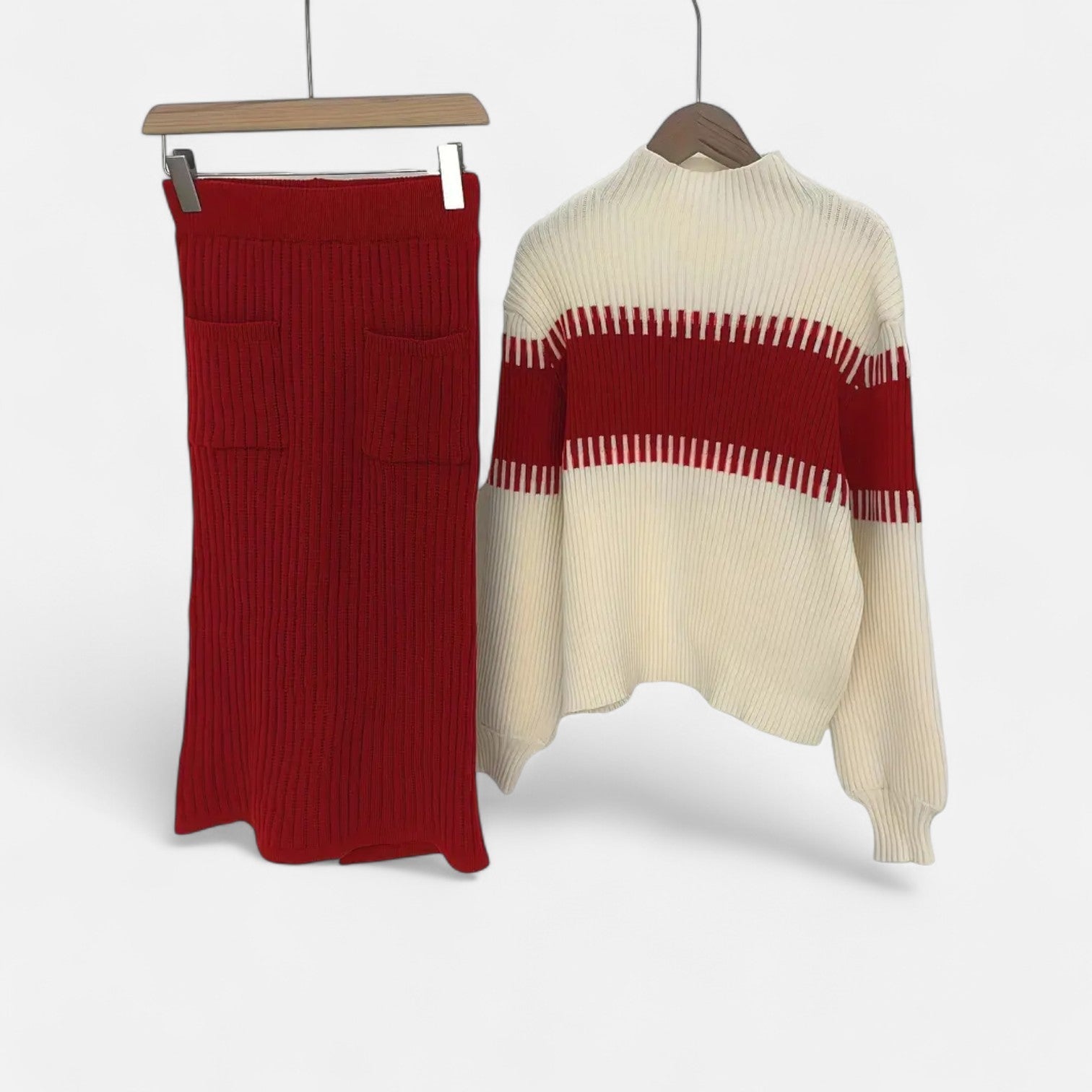 Women’s Two-Piece Knit Set - Long Sleeve Sweater Ribbed Skirt Ensemble